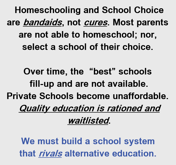 Homeschooling and School Choice are bandaids, not cures.